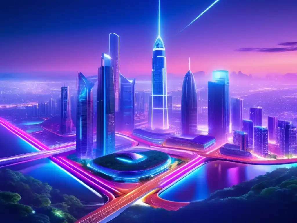 Futuroso paisaje urbano con tecnología avanzada Futurista ciudad nocturna con tecnología avanzada y huella social de inversiones