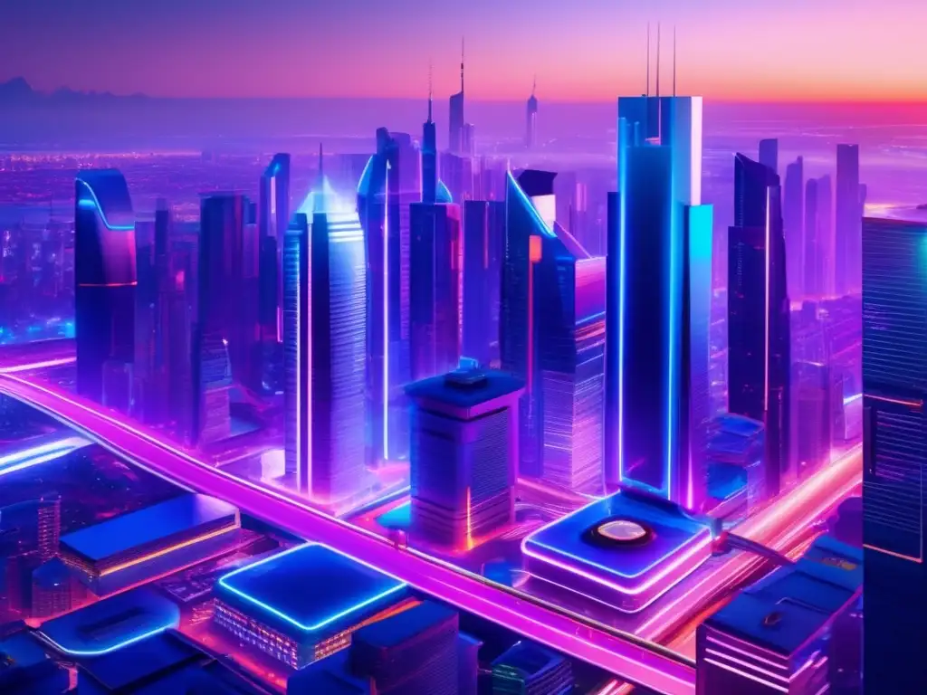 Futurista ciudad nocturna con rascacielos iluminados Futurista ciudad postpandemia con rascacielos iluminados por luces neón, diseño innovador y conectividad