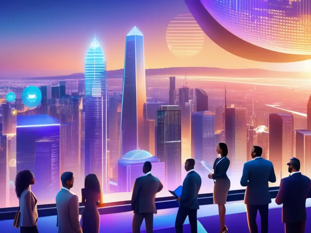 Futuro financiero: criptomonedas y tecnología Futurista ciudad con rascacielos, actividad financiera y hologramas de criptomonedas