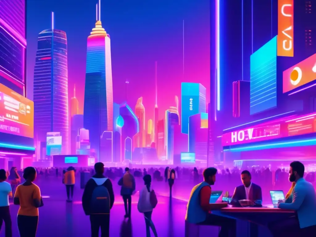Futuro urbano con criptomonedas Futurista ciudad cripto con rascacielos, actividades comerciales y criptomonedas - Estrategias de yield farming cripto