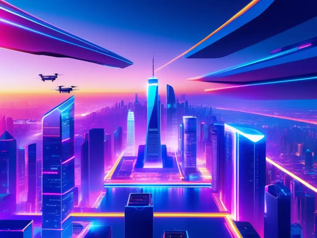 Futuro ciudad cripto: rascacielos, drones y luces Futurista ciudad con rascacielos altos, drones veloces y multitudes animadas