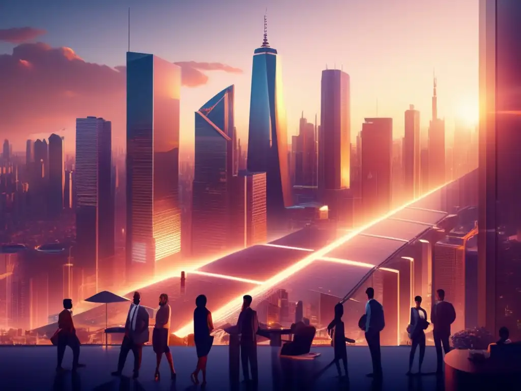 Futuroso paisaje urbano en 8k Futurista ciudad con rascacielos, arquitectura moderna y Algorand solución trilema criptografía