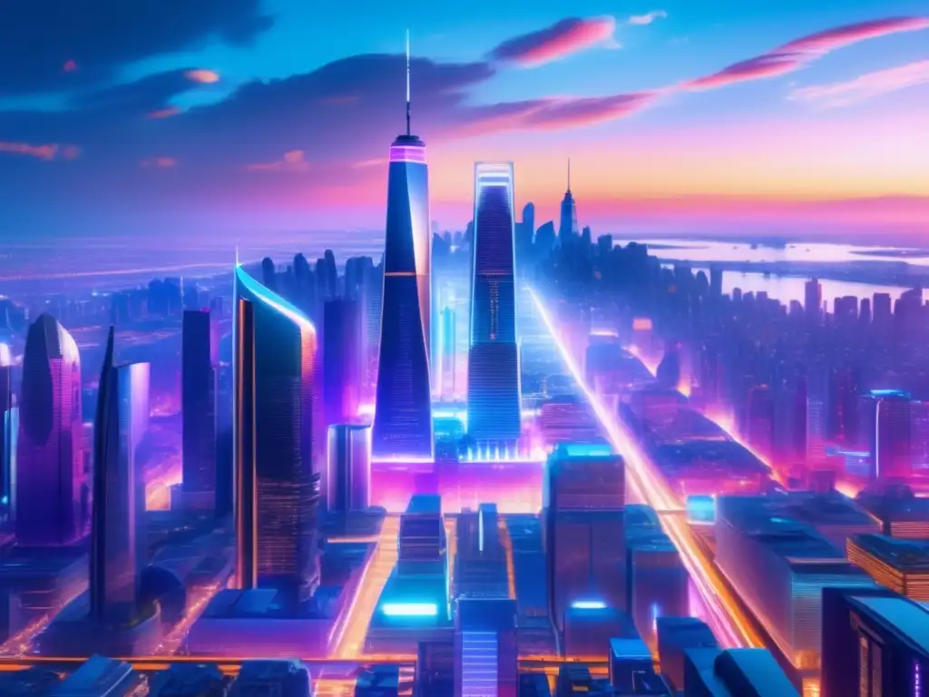 Futurista ciudad 8k con rascacielos y tecnología avanzada Futurista ciudad con rascacielos, arquitectura moderna y tecnología avanzada en una metrópolis de criptomonedas