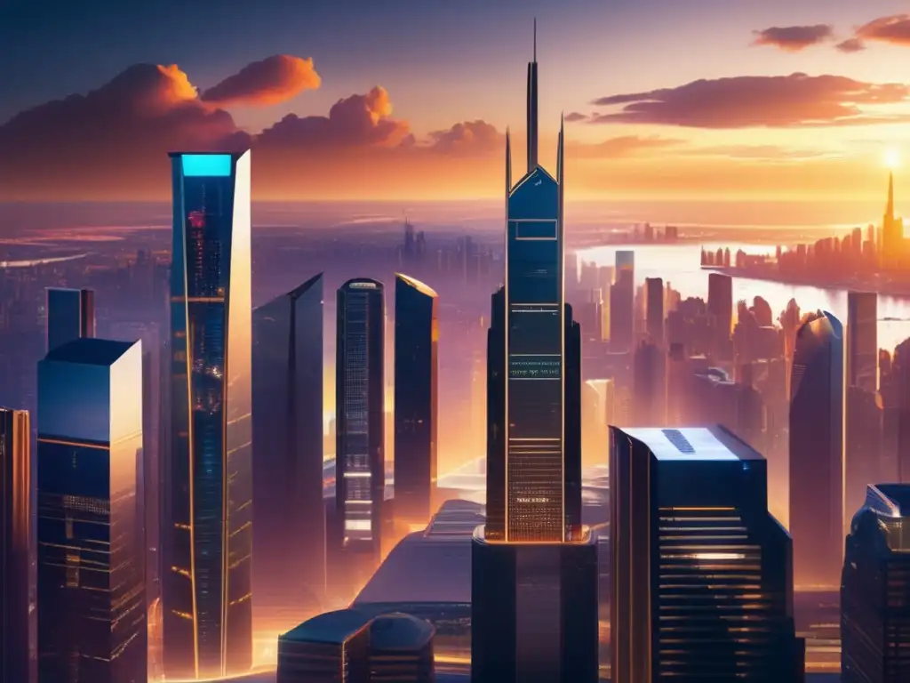 Futurista ciudad con rascacielos y tecnología Futurista ciudad con rascacielos, arquitectura moderna y pantallas digitales exhibiendo datos financieros