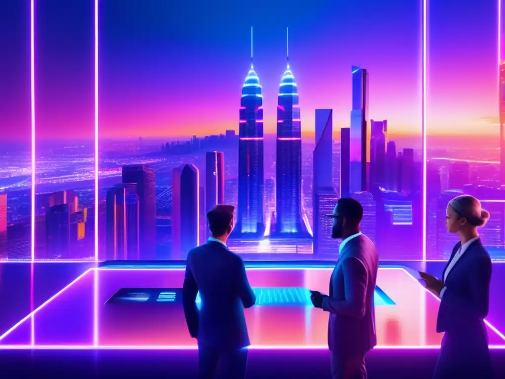 Futurista ciudad con rascacielos y arquitectura moderna iluminada por luces de neón