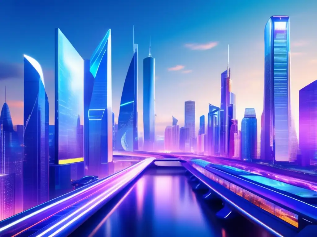 Futuro skyline: modernidad y profesionalismo Futurista ciudad con rascacielos, arquitectura elegante y sistemas de transporte avanzados