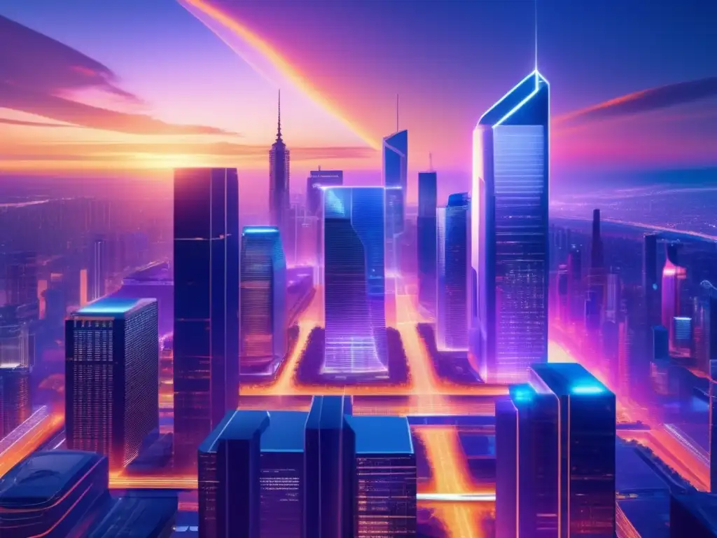 Futuro ciudad con rascacielos y blockchain Futurista ciudad con rascacielos, blockchain y profesionales discutiendo - Guía para invertir en Blockchain