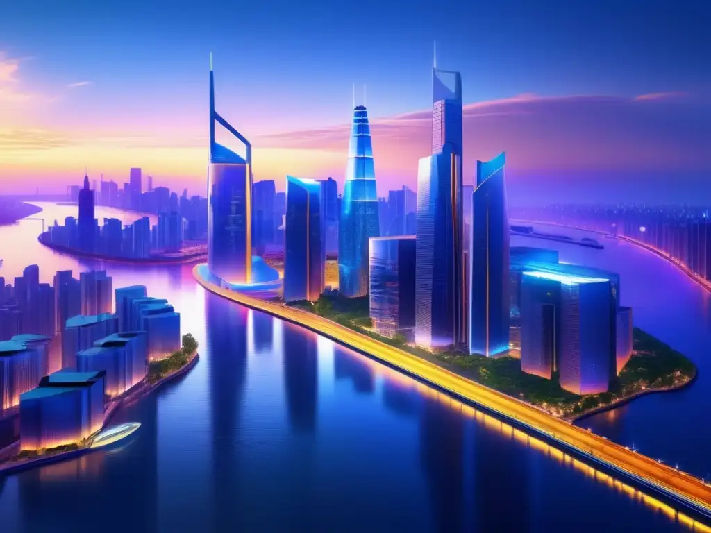 Futurista ciudad con rascacielos y profesionales Futurista ciudad con rascacielos brillantes, reflejados en un río tranquilo