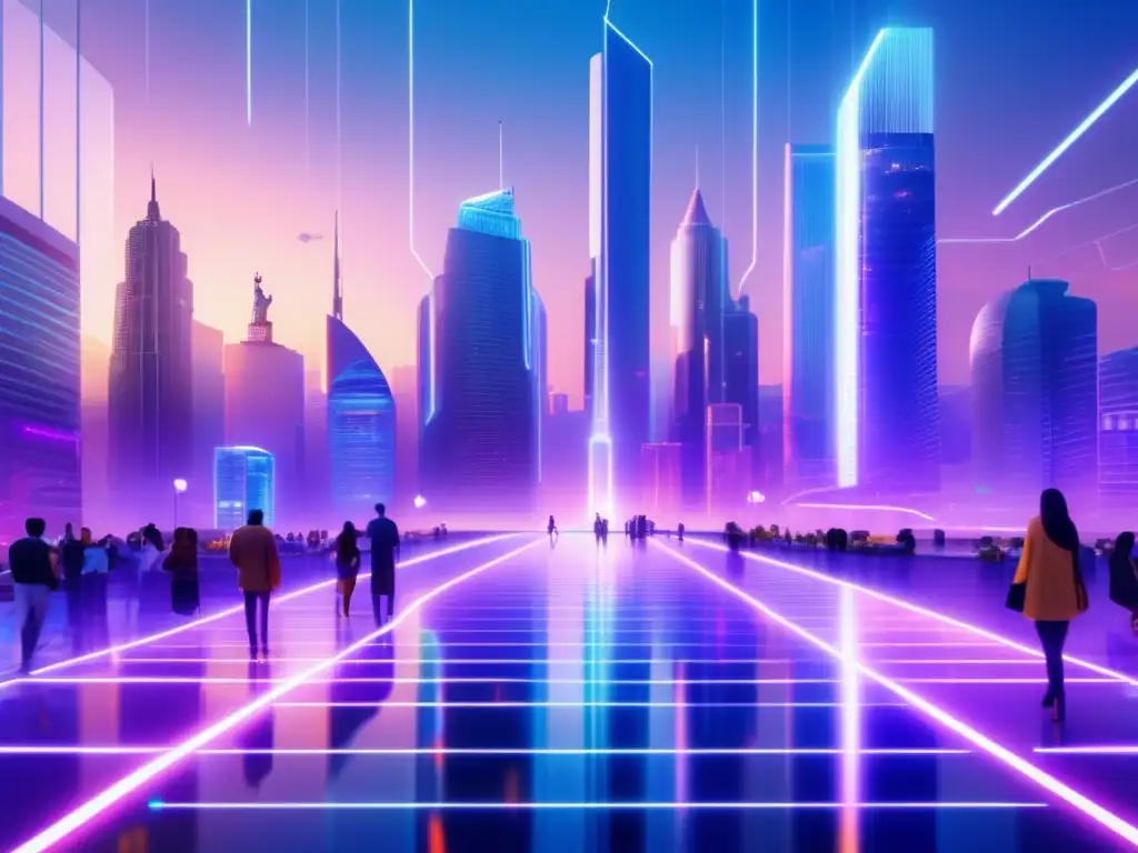 Ciudad futurista con DeFi integrado Futurista ciudad con rascacielos, caminos transparentes y personas interactuando con DeFi