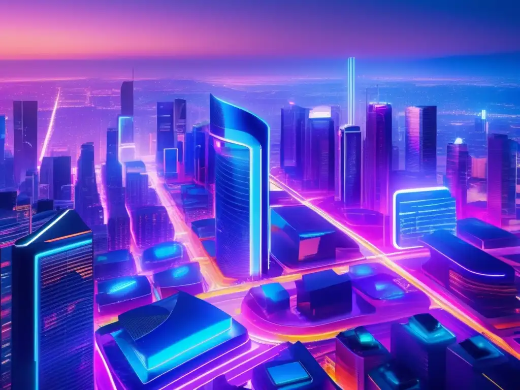 Ciudad futurista con rascacielos y pantallas digitales Futurista ciudad con rascacielos y carteles digitales, muestra modernidad y avance de las finanzas