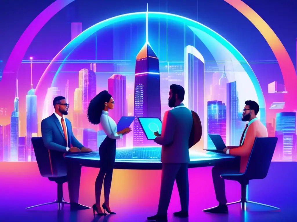 Futuro de inversiones en blockchain Futurista ciudad con rascacielos, colores vibrantes y diseño moderno