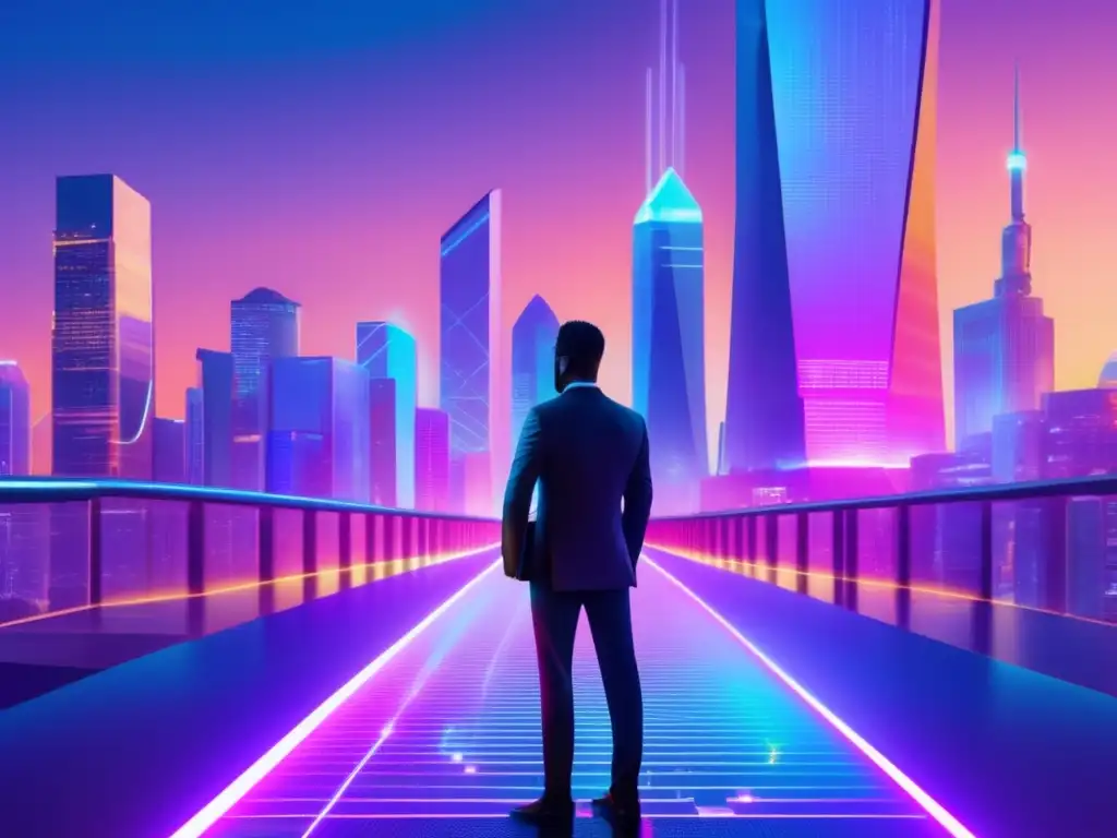 Futurista ciudad con smart contracts Futurista ciudad con rascacielos, contratos inteligentes, tecnología blockchain y beneficios