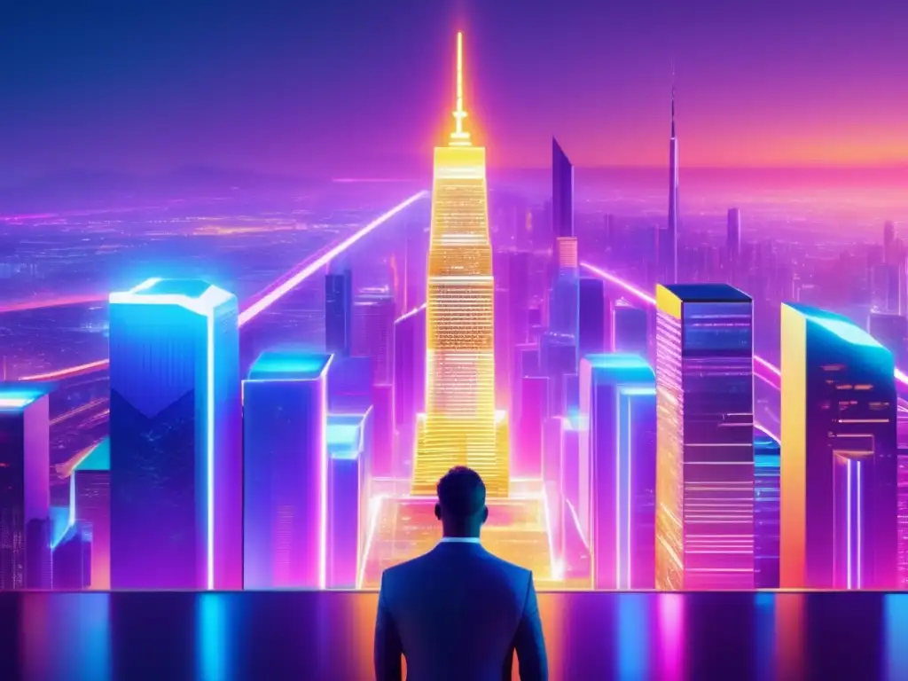 Futuro ciudad blockchain Futurista ciudad con rascacielos, criptodivisas y una persona con una llave dorada