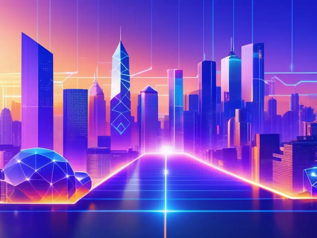 Ciudad futurista con criptomonedas Futurista ciudad con rascacielos, criptomoneda, blockchain