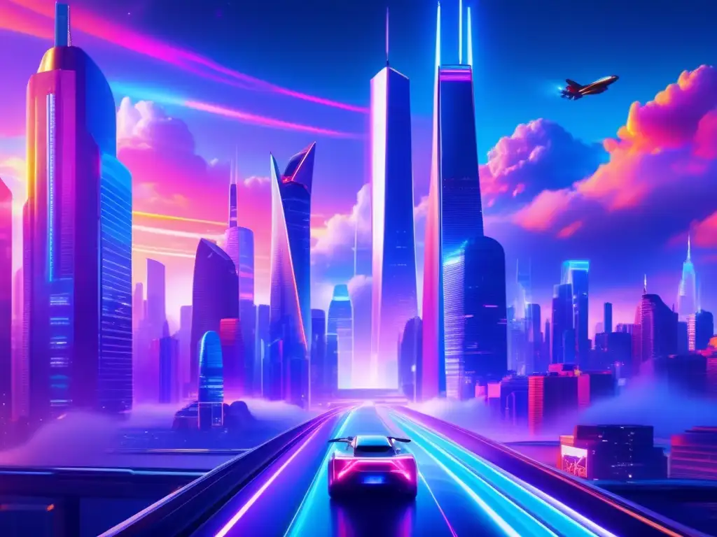 Futuro ciudad con rascacielos, luces y banderas Futurista ciudad con rascacielos, criptomonedas y países afectados por regulación (110 caracteres)