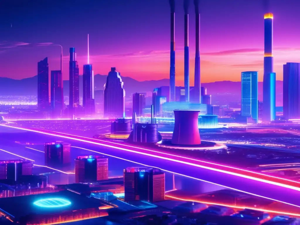 Futuro ciudad con minas de criptomonedas Futurista ciudad con rascacielos y criptomonedas: Prueba de trabajo y desafíos