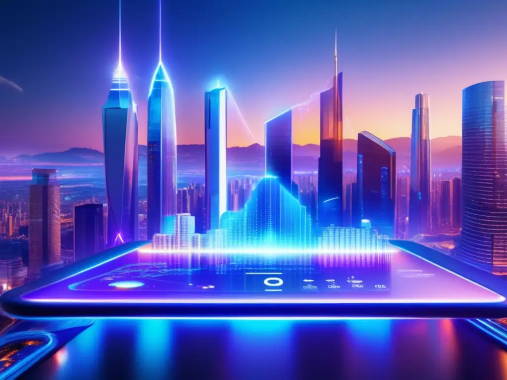 Futuro urbano con edificios altos y tecnología avanzada Futurista ciudad con rascacielos, criptomonedas seguras y tecnología cuántica avanzada