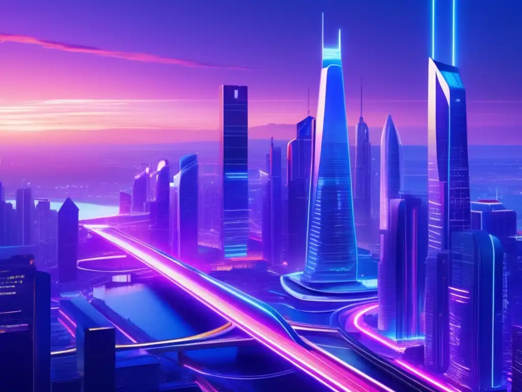 Futuro urbano con tecnología avanzada Futurista ciudad con rascacielos, IA y criptomonedas