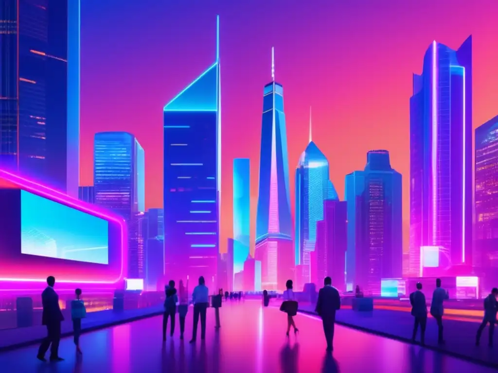 Ciudad futurista con rascacielos y criptomonedas Futurista ciudad con rascacielos, criptomonedas, profesionales y opiniones