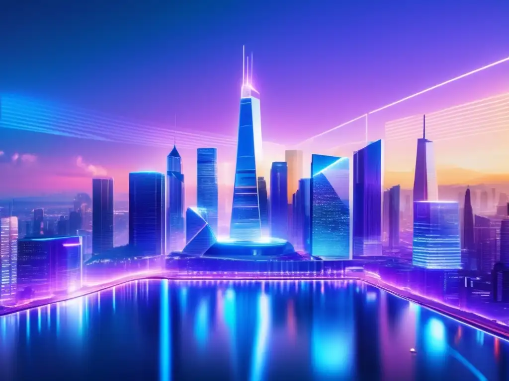 Ciudad futurista con rascacielos y criptomonedas Futurista ciudad con rascacielos, criptomonedas y AR