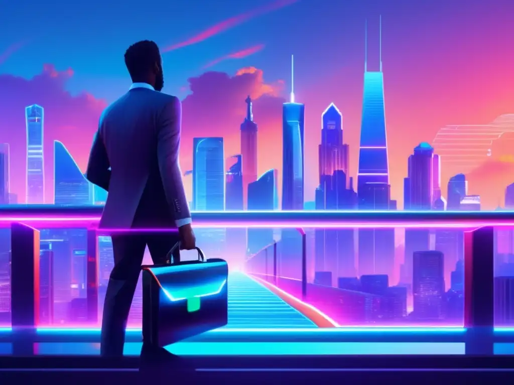 Ciudad futurista con rascacielos y tecnología Futurista ciudad con rascacielos de cristal y acero, iluminada por luces de neón