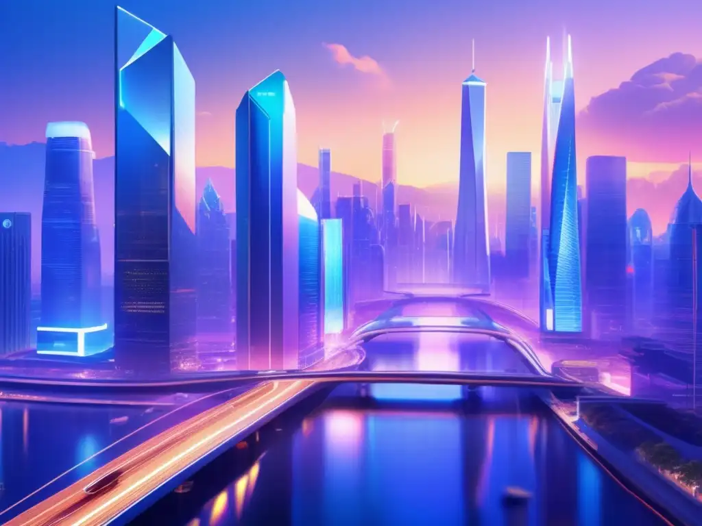 Futurista ciudad con rascacielos de vidrio e integración tecnológica Futurista ciudad con rascacielos de cristal, tecnología avanzada y actividades financieras con criptomonedas