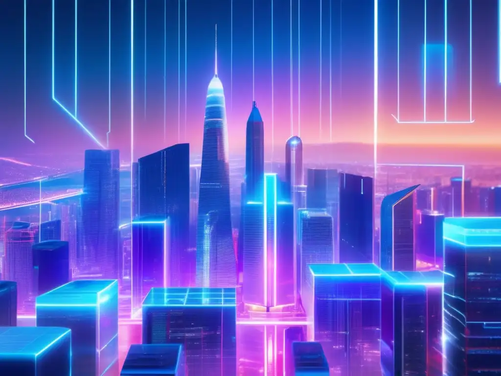 Futuro ciudad con blockchain y hologramas Futurista ciudad con rascacielos de cristal y acero, anuncios holográficos flotantes