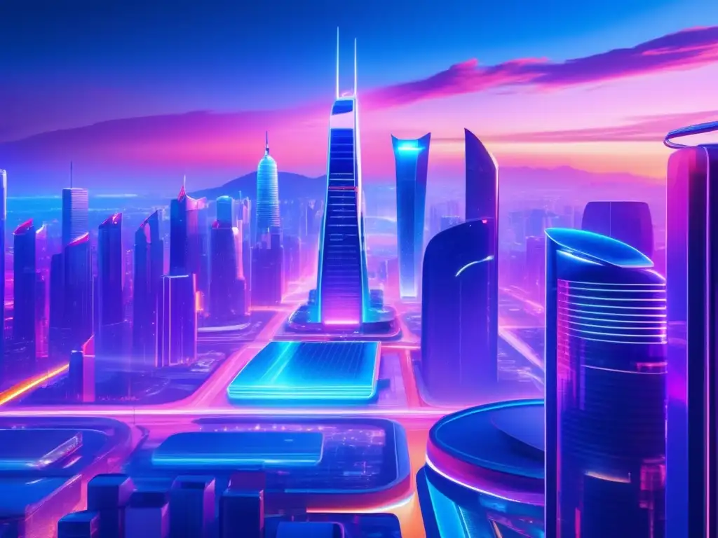 Futuro ciudad moderna neón, criptomonedas Futurista ciudad con rascacielos de cristal y acero, iluminada en colores vibrantes