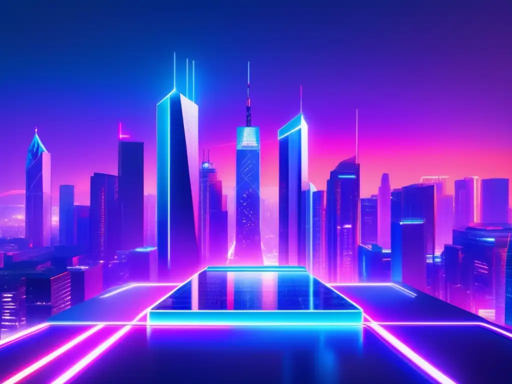 Futurista ciudad con rascacielos y símbolo blockchain Futurista ciudad con rascacielos, diseño arquitectónico vanguardista, luces neon y símbolo blockchain