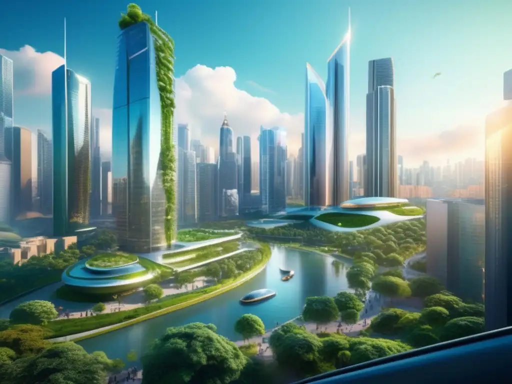 Ciudad futurista con rascacielos verdes Futurista ciudad con rascacielos ecológicos, integrando naturaleza y arquitectura