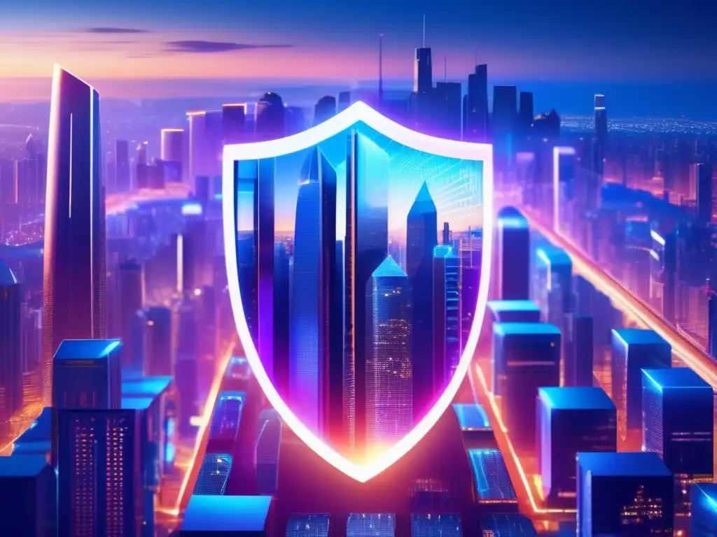 Ciudad futurista con escudo protector Futurista ciudad con rascacielos, escudo transparente y patrones geométricos
