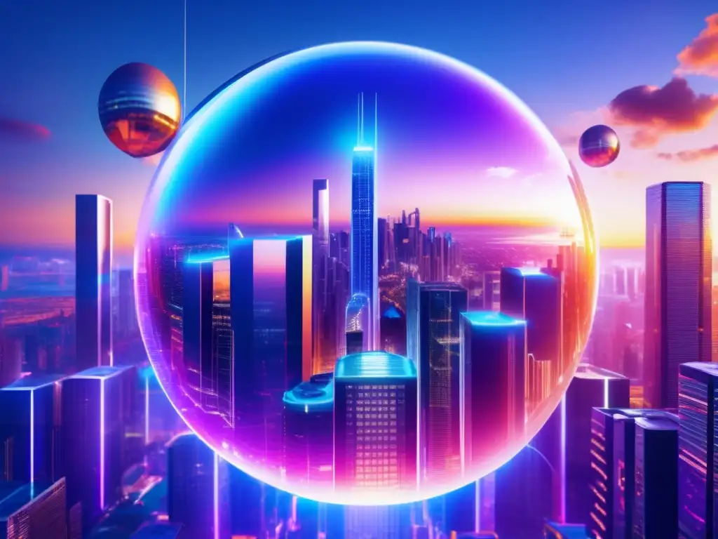 Futurista ciudad con rascacielos y tecnología blockchain Futurista ciudad con rascacielos, globos holográficos y parques, invirtiendo en inmobiliarias con tecnología blockchain