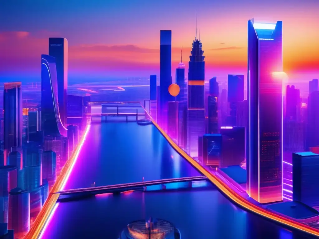 Futuro financiero diversificado Futurista ciudad con rascacielos, gráficos, diversificación, lever, mercado fluctuante, farming de liquidez (110 caracteres)