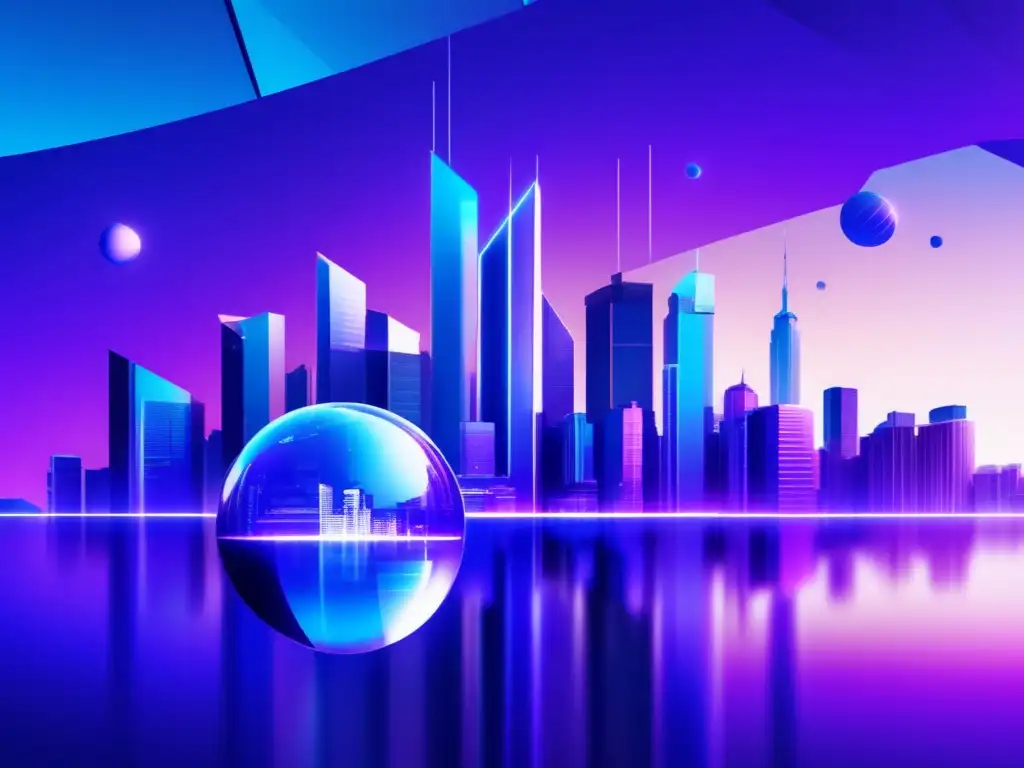 Futuro distópico: ciudad, criptomonedas y seguridad Futurista ciudad con rascacielos, gráficos fluctuantes, monedas doradas y puerta de bóveda segura