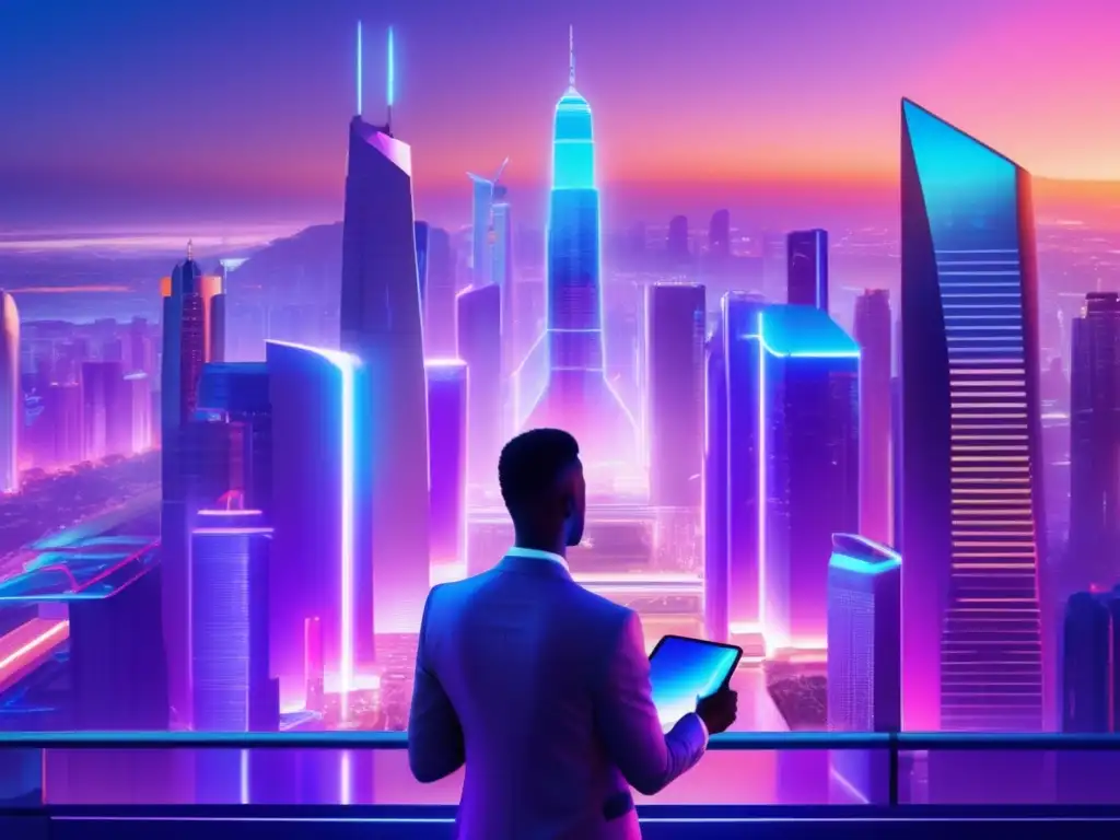 Futurista ciudad con rascacielos holográficos y tecnología de staking Guía de staking: Futurista ciudad con rascacielos holográficos, tecnología de vanguardia y experto inversor