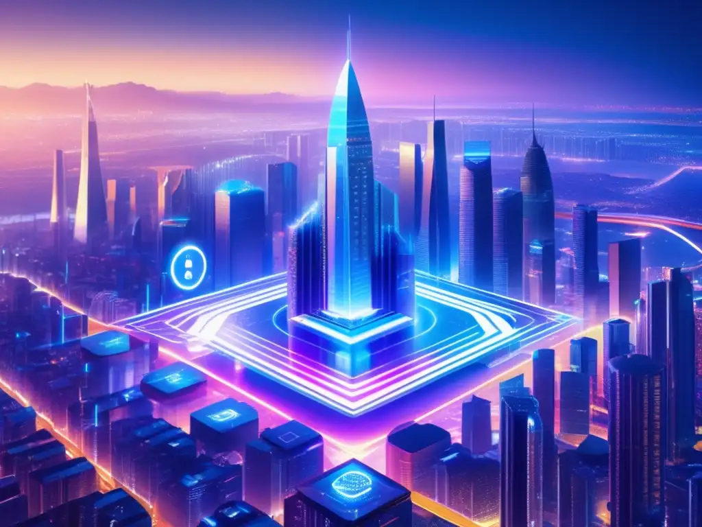 Futuro criptográfico seguro Futurista ciudad con rascacielos holográficos y seguridad criptomonedas cuánticas preparados