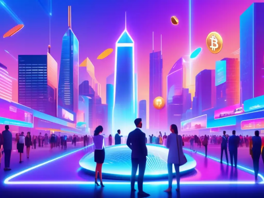 Futurista ciudad con rascacielos y criptomonedas Futurista ciudad con rascacielos, hologramas, criptomonedas, participación comunitaria en criptomonedas