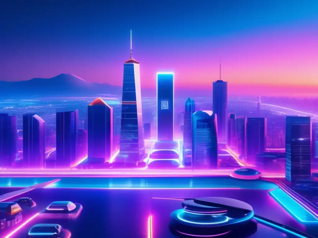 Ciudad futurista con rascacielos y criptomonedas Futurista ciudad con rascacielos, hologramas y criptomonedas: Criptomonedas: riesgos y oportunidades