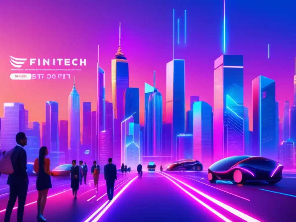 Ciudad futurista con Fintech holográfico Futurista ciudad con rascacielos, hologramas Fintech, coches autónomos, personas discutiendo sobre Fintech y soluciones accesibles y seguras