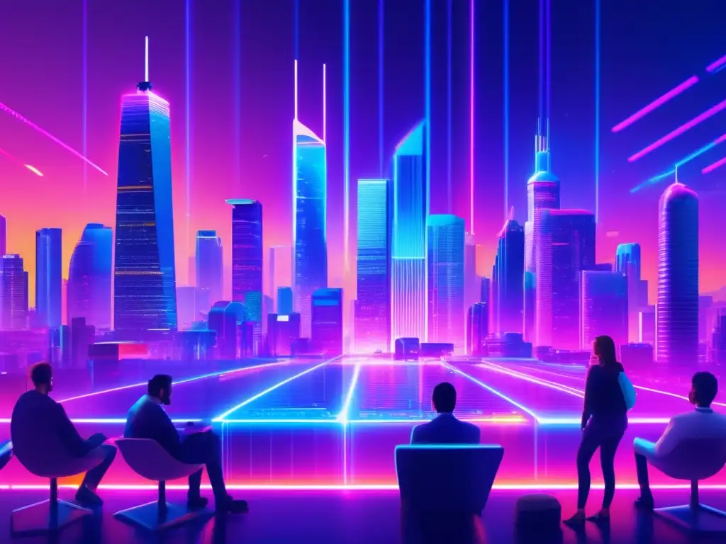 Ciudad futurista con rascacielos y tecnología avanzada Futurista ciudad con rascacielos iluminados por luces neón, tecnología avanzada, criptomonedas y discusiones sobre mercado