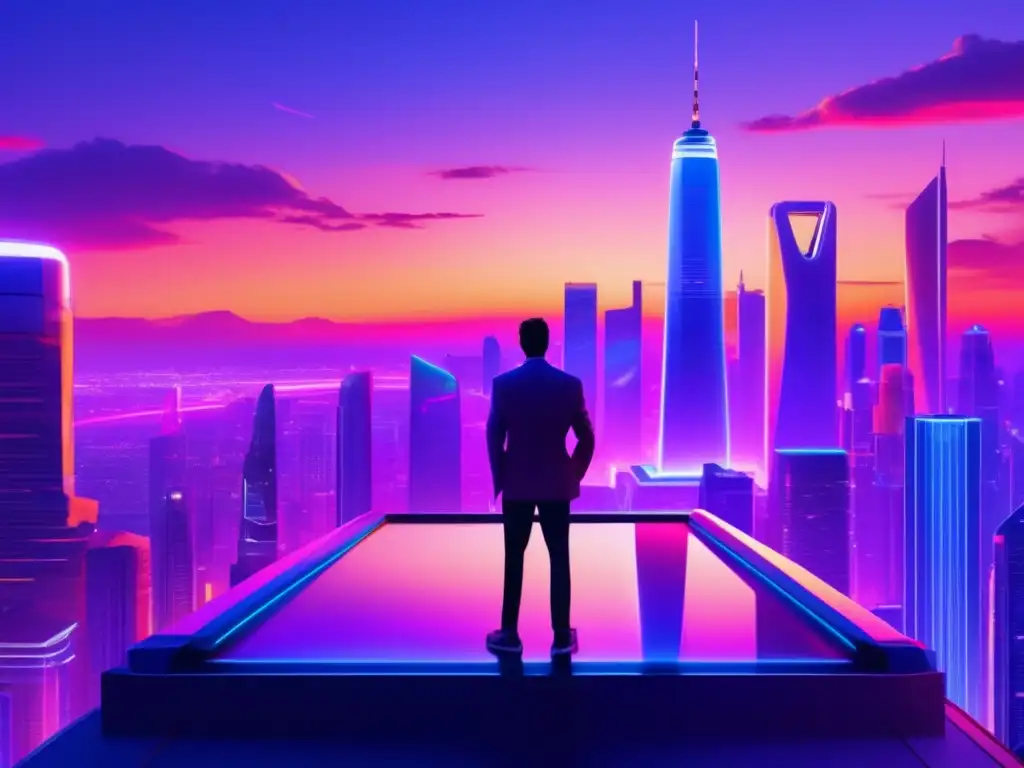 Futuro financiero en una ciudad ultramoderna Futurista ciudad con rascacielos iluminados por luces de neón, autos autónomos y multitudes