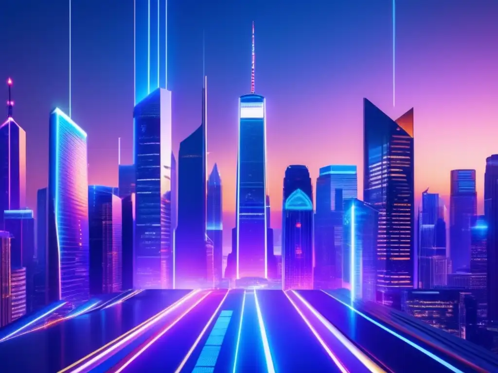 Ciudad futurista con rascacielos iluminados y profesionales en movimiento Futurista ciudad con rascacielos iluminados y profesionales en trajes, destacando los beneficios del Swap de Tasa de Interés