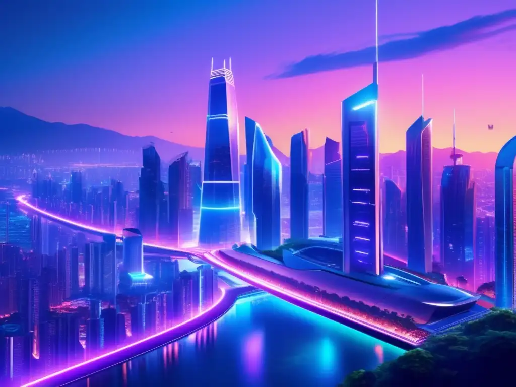 Futurista ciudad con rascacielos iluminados Futurista ciudad con rascacielos iluminados por luces neón
