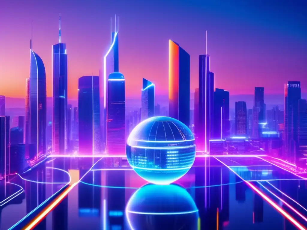 Futurista ciudad iluminada con rascacielos y tecnología Futurista ciudad de rascacielos iluminados con luces neón, simbolizando la tokenización de activos