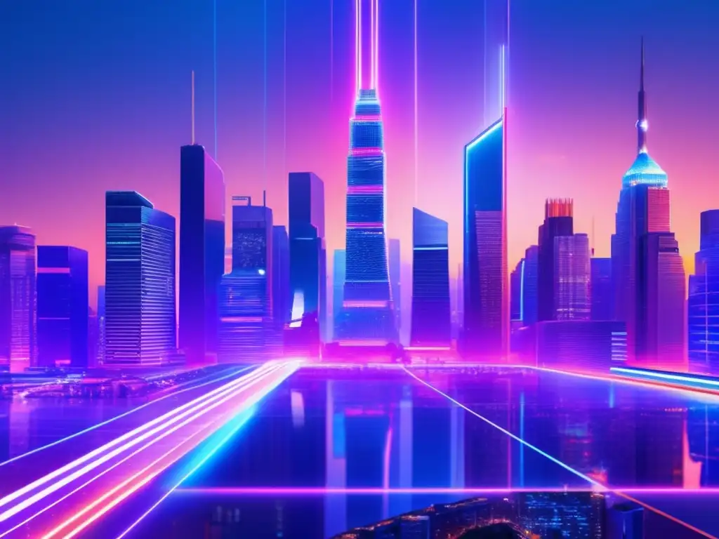 Ciudad futurista con tecnología fintech Futurista ciudad con rascacielos iluminados por luces neón