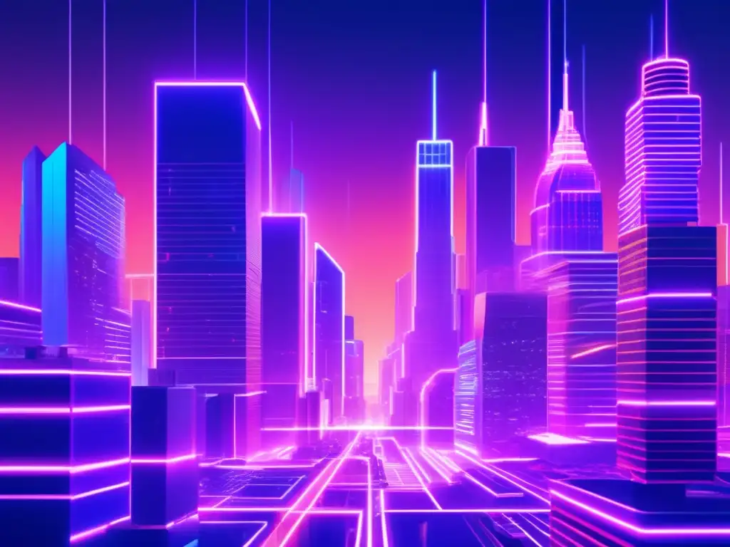 Futurista metrópolis DeFi con AR y autos autónomos Futurista metrópolis DeFi: ciudad con rascacielos interconectados, red descentralizada, autos autónomos, regulación inversiones DeFi