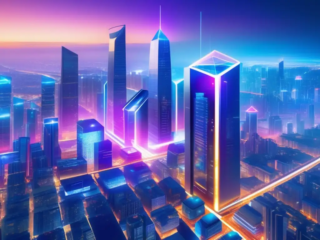 Futurista ciudad con rascacielos y blockchain Futurista ciudad con rascacielos LED y red transparente de transacciones inmobiliarias con blockchain