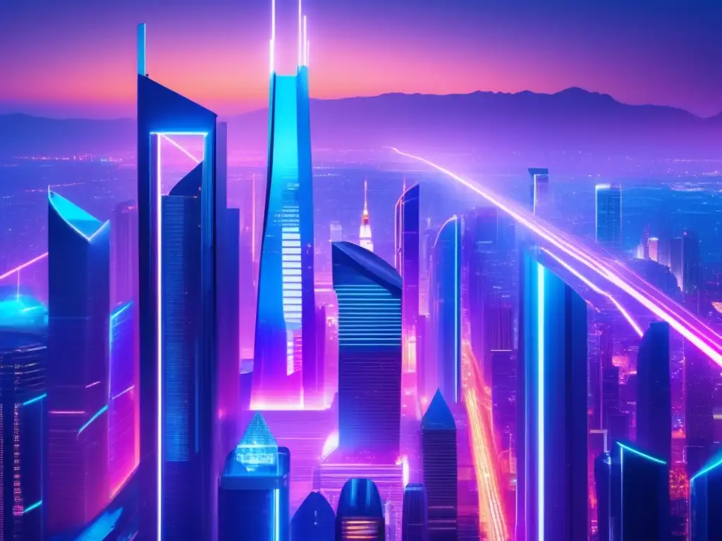 Ciudad futurista con rascacielos y tecnología FinTech Futurista ciudad FinTech: rascacielos, luces neón, inversiones a largo plazo