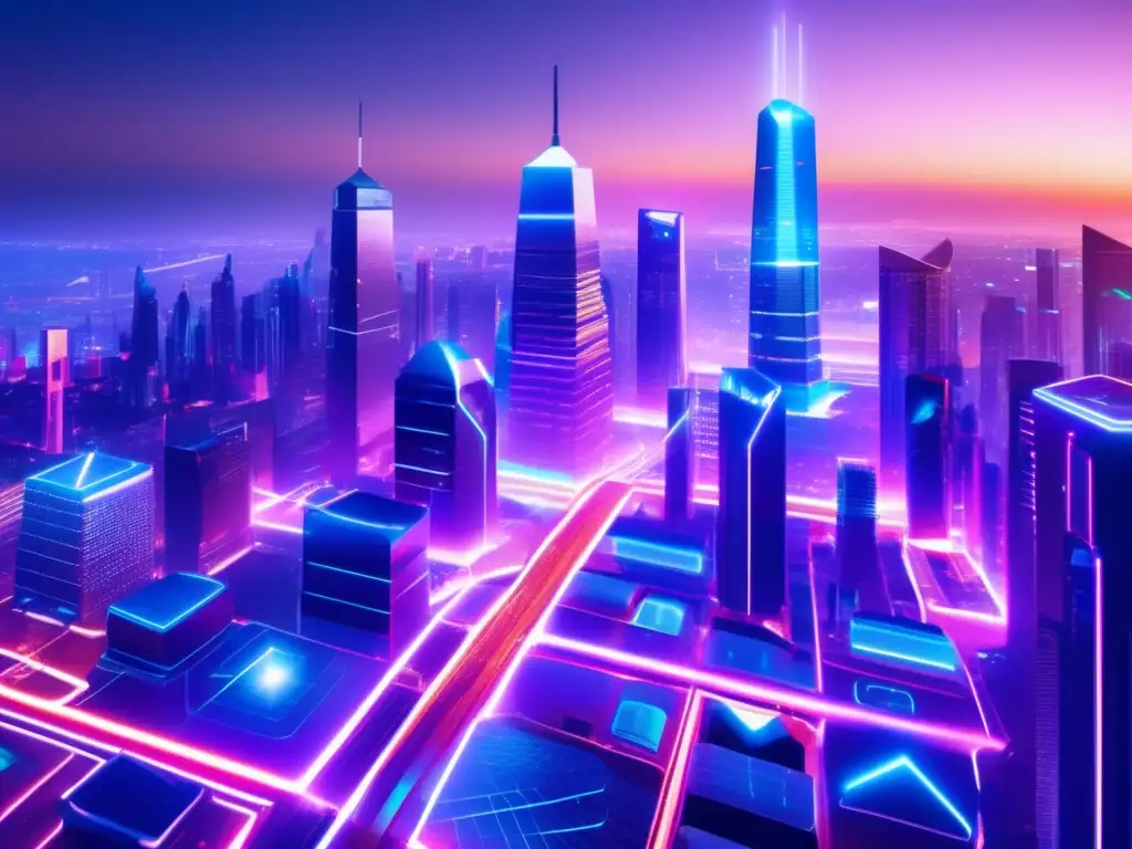 Futuro ciudad blockchain con rascacielos y tecnología avanzada Futurista ciudad con rascacielos, luces de neón y tecnología blockchain