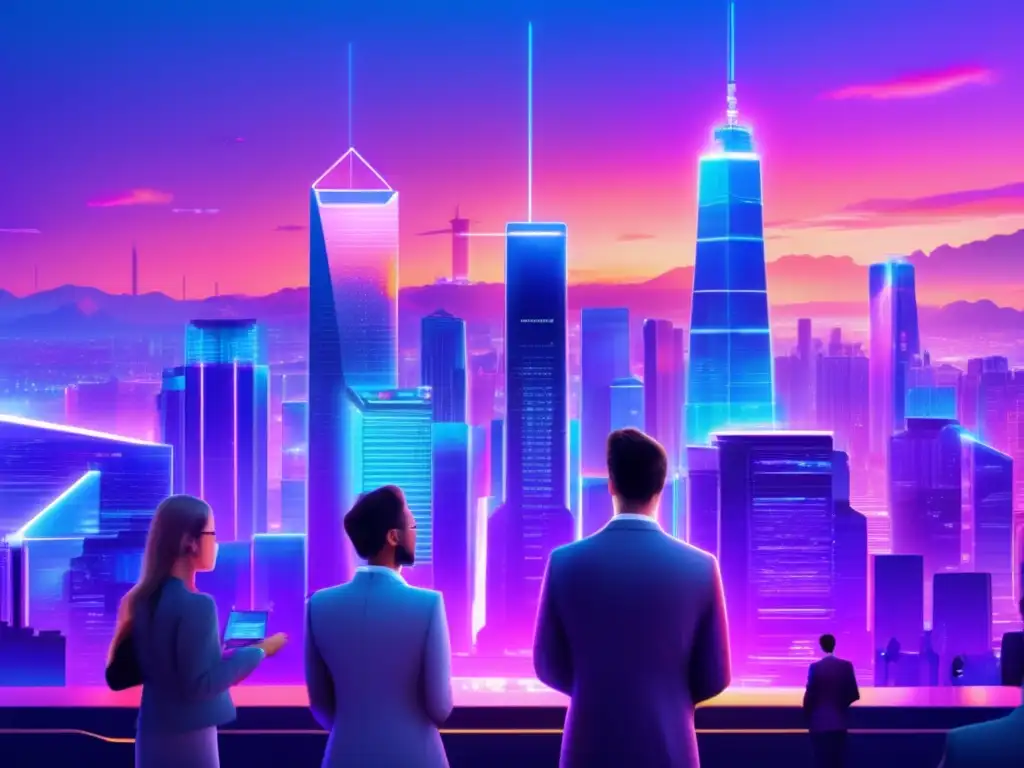 Futurística ciudad con cripto y tecnología Futurista ciudad con rascacielos, luces neón y criptoacciones, representando la influencia de criptoinversiones en acciones tecnológicas